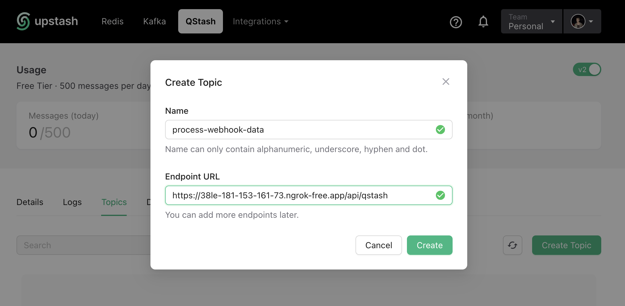 Creating a topic within the QStash dashboard